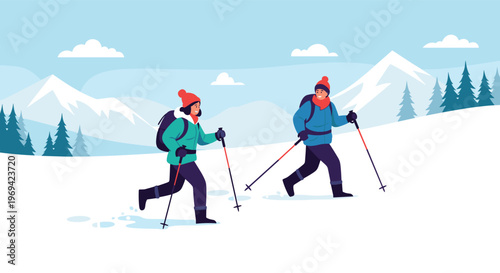 Man and woman wearing winter gear and backpacks hiking through a snowy mountain landscape with snowshoes and trekking poles.