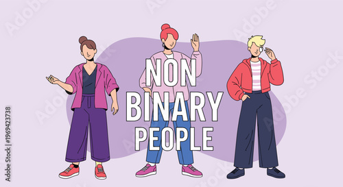 Group of stylish individuals standing together representing non-binary people and gender diversity in a contemporary flat illustration style.