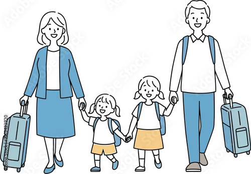 Family with two young daughters walking together with luggage