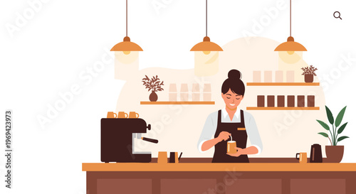 Professional female barista wearing an apron making a latte at a stylish coffee shop counter with an espresso machine in view.