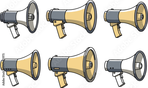 A collection of cartoon megaphones in various orientations on a white background