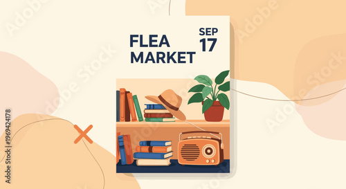 Flea market event poster template featuring an illustration of shelves with old books a vintage radio a hat and a potted plant.