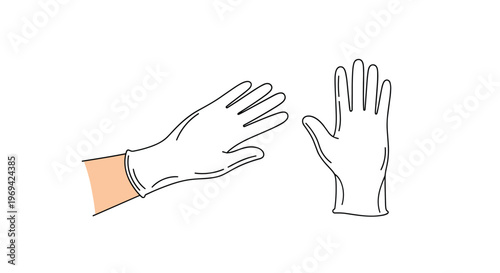 Pair of white medical latex gloves shown on a hand and separately to emphasize hygiene and safety in healthcare environments.