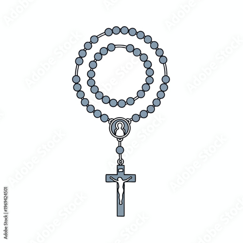 A looped strand of grey prayer beads with a crucifix and a medallion