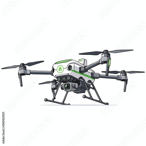 Quadcopter drone with gimbal-mounted camera and green accents