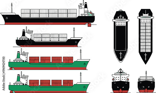 Cargo container ships set, maritime transport vector, shipping vessels collection, freight logistics illustration, cargo ship icons, global trade industry, flat design