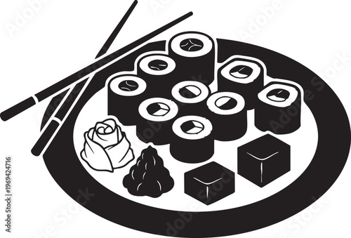 Sushi rolls, Japanese food, black and white vector, chopsticks, plate