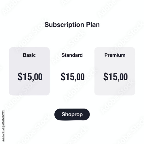 Three subscription plans (Basic, Standard, Premium) each priced at $15.00