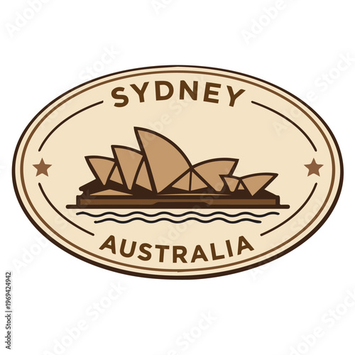 A vintage postal stamp vector of Sydney, Australia, featuring a map silhouette, retro rubber seal style, and brown grunge texture, evoking travel heritage and classic tourism.
