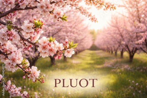 Blooming pluot trees with vibrant flowers and copy space for text
