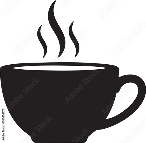 Black coffee cup icon, steaming hot beverage, vector mug, cafe symbol