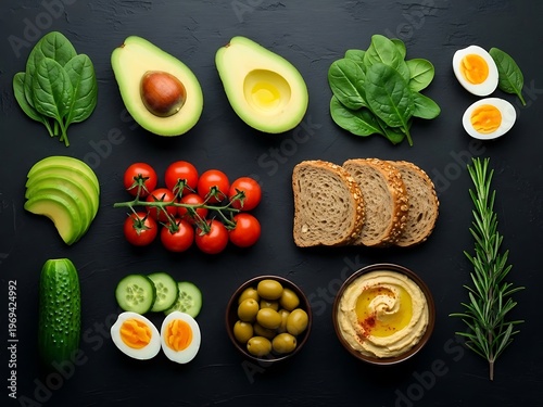 Flat Lay of Healthy Food Ingredients for a Balanced Meal Preparation