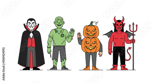 Four people dressed in various halloween costumes like a vampire zombie pumpkin and devil standing together for a holiday party.