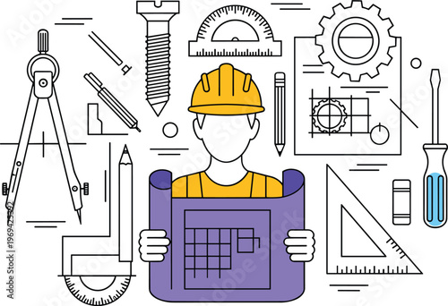 Engineering design concept with architect, construction tools, blueprint plan illustration, technical drawing elements, industrial development, project planning, creative vector artwork
