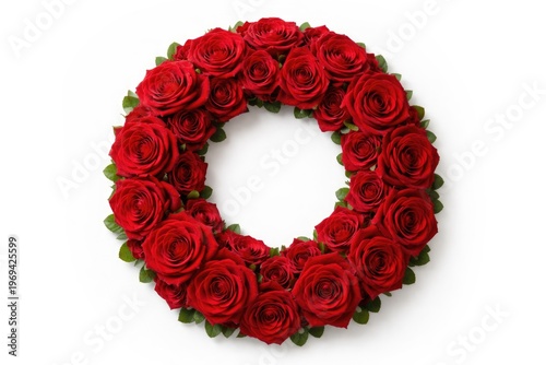 Close up view of a vibrant red rose wreath on a clean white background