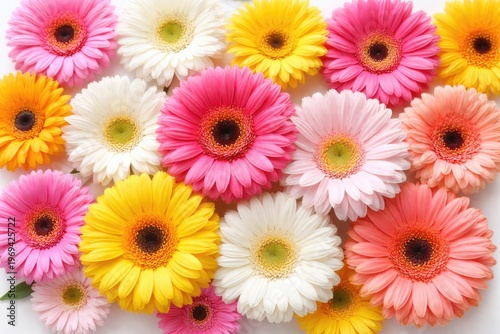 Vibrant Gerbera Flowers Array on White Background with Pink Yellow and White Blooms Showcasing Distinct Petal Designs