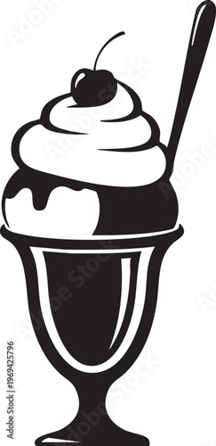 Black and white ice cream sundae, dessert icon, vector illustration, whipped cream