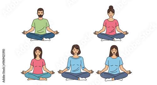 Collection of diverse men and women sitting in cross-legged yoga positions and meditating for mental health and relaxation.