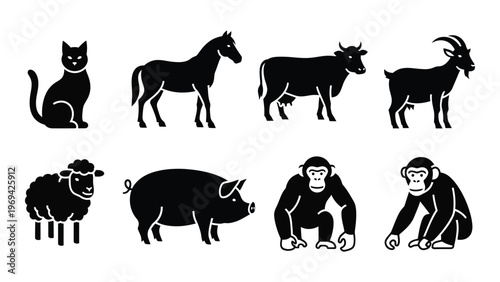A collection of farm and wild animals depicted in a flat black silhouette style showcasing diverse species high quality professional detailed