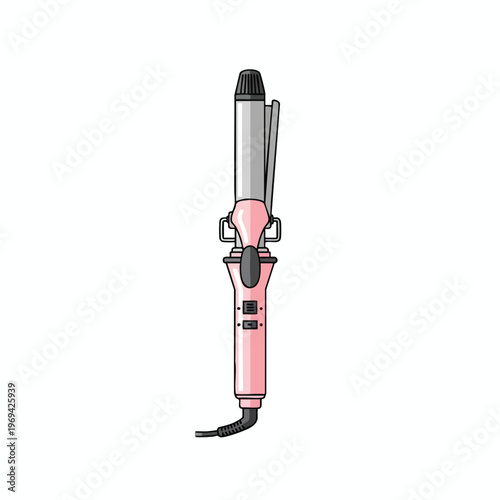 Pink curling iron with silver barrel and black cord on white background