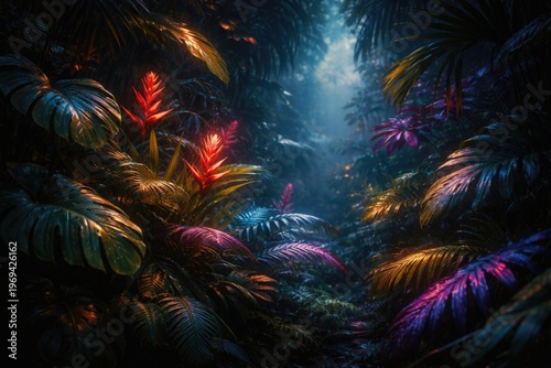 dense tropical foliage glowing with soft lighting and vibrant hues on dark backdrop