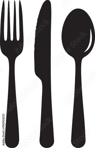 Black cutlery icons, fork, knife, spoon vector set, dining utensils, tableware