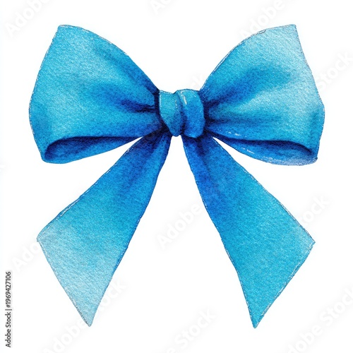Watercolor illustration of a bright blue ribbon bow with flowing ends, centered on white