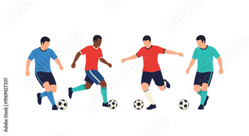 Four soccer players in blue red and green uniforms dribbling footballs across a white background in a competitive sport.