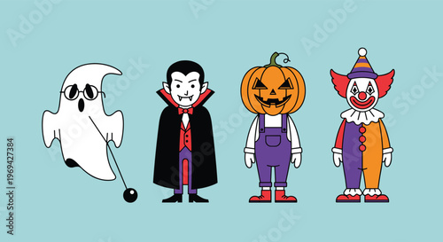Cute cartoon characters dressed in halloween costumes including a ghost vampire pumpkin headed person and a clown.
