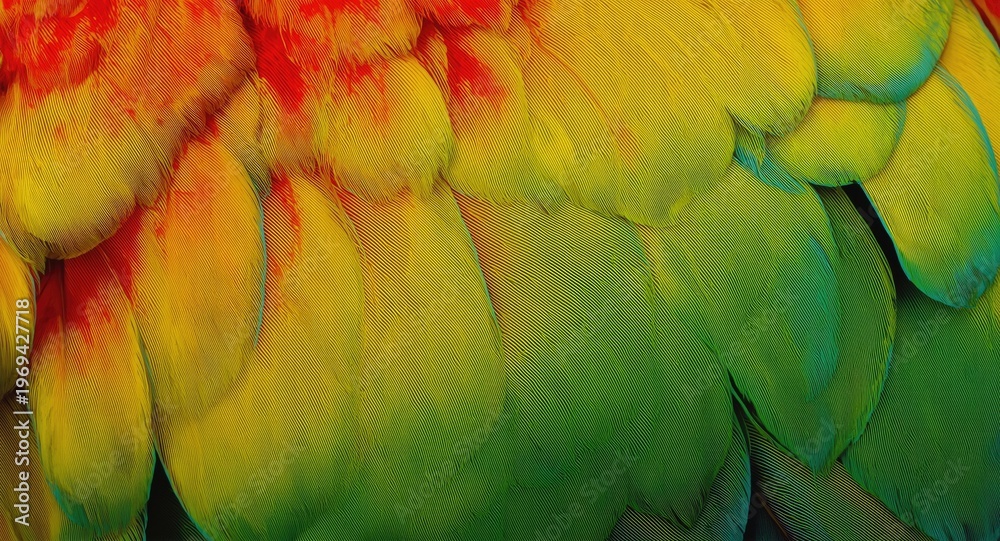 Obraz premium vibrant parrot feather texture background with copy space for computer screen
