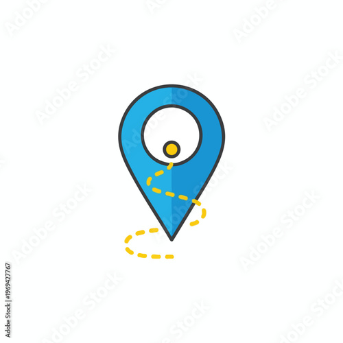 A blue location pin with a yellow dashed line indicating a route