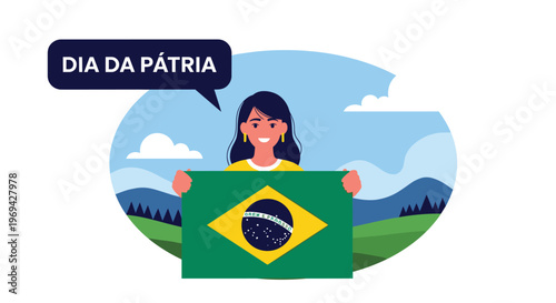 Patriotic woman holding the national flag of Brazil celebrating Dia da Patria against a scenic mountain landscape.