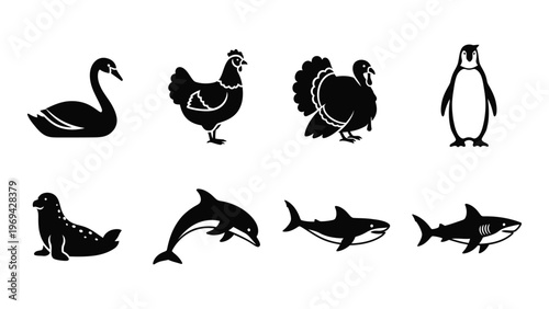 A collection of various bird and marine animal silhouettes including a swan penguin and shark silhouette high quality professional detailed modern