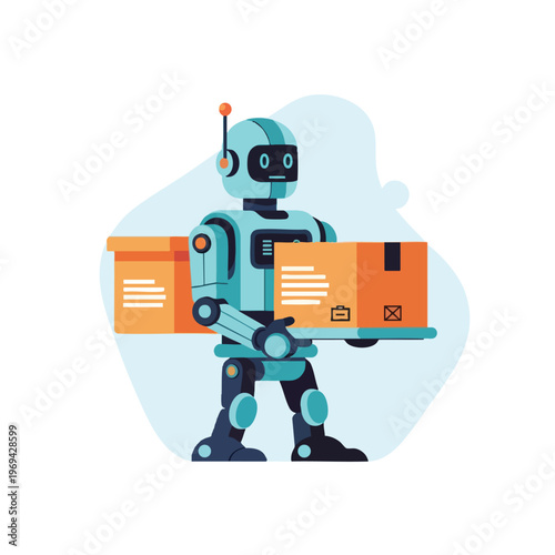 A light blue robot holds orange shipping boxes, ready for delivery