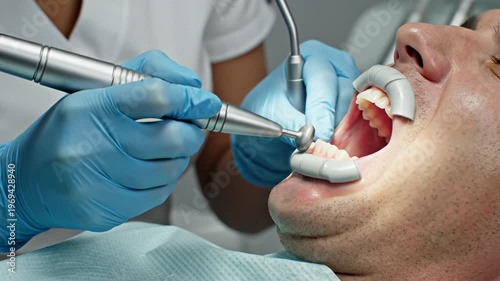 Professional dental cleaning procedure for oral hygiene in clinic