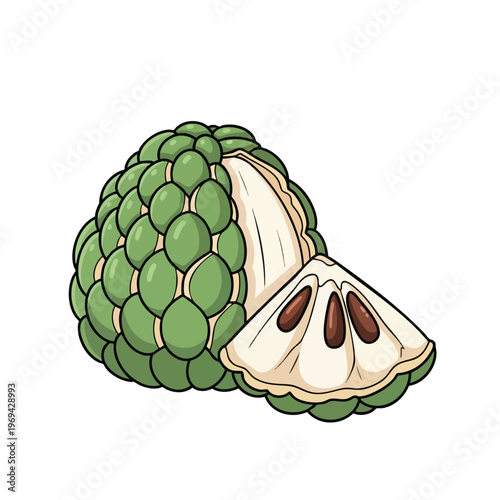 A cut-open custard apple showing its creamy white flesh and dark brown seeds