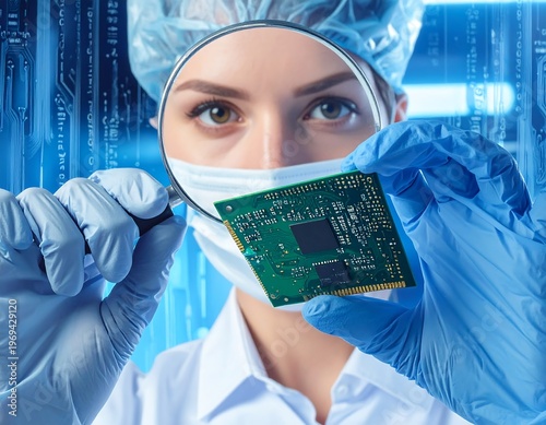 A woman in lab attire examining a computer chip