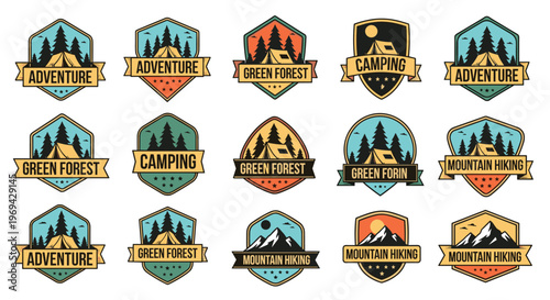 Large collection of fifteen outdoor adventure and camping badges featuring mountains tents forests and motivational text.