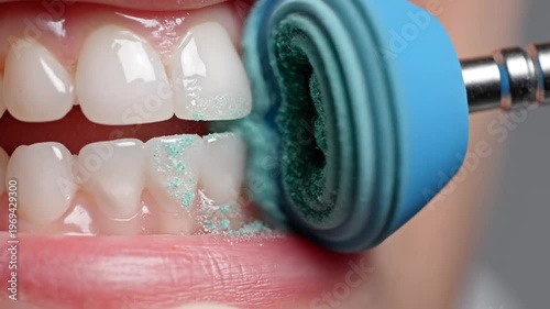 Dental cleaning procedure using professional polishing tool macro