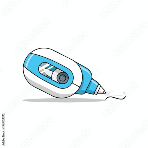 Blue and white correction tape dispenser with dispenser tip leaving white correction tape
