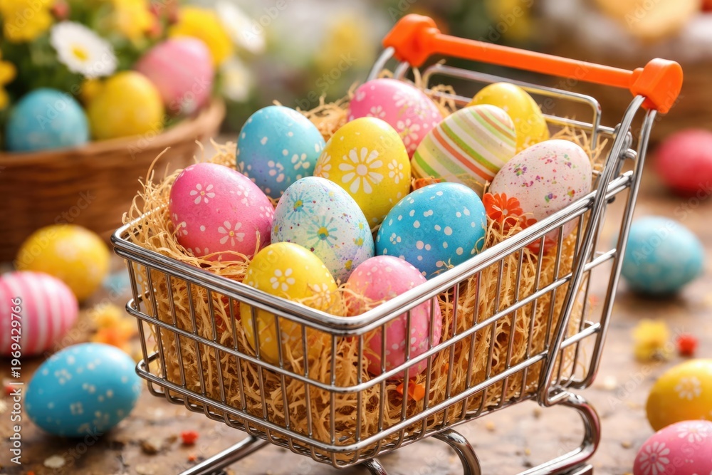 Fototapeta premium Colorful Easter eggs arranged in a shopping cart preparing for Easter celebration
