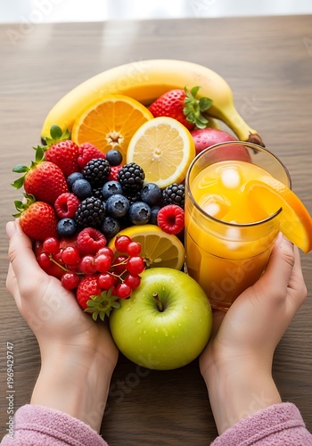Hands holding fresh fruit medley with vibrant juice for a healthy boost