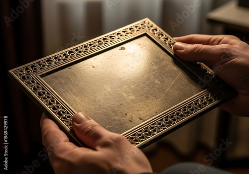 Holding a vintage brass picture frame with intricate design details
