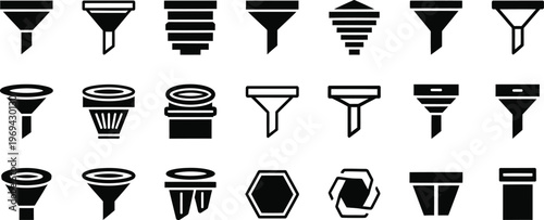 Collection of black and white drill bit icons in various shapes