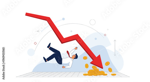 Businessman falling down alongside a declining red financial arrow representing a stock market crash and economic crisis.