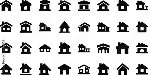 Collection of black silhouette house icons on a white background