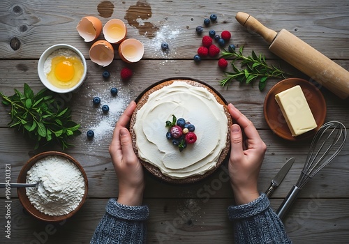 Homemade berry cake topped with frosting held in hands on wooden surface