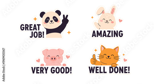 Set of four cute animal reward stickers with positive motivational messages like great job amazing and well done.