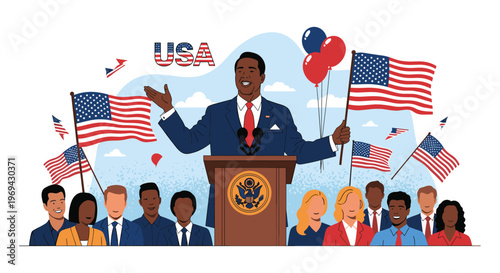 American politician speaking from a podium at a political rally surrounded by national flags and a diverse group of supporters.