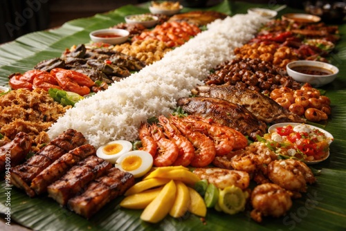Profile view of a boodle fight feast with white rice and assorted Filipino dishes